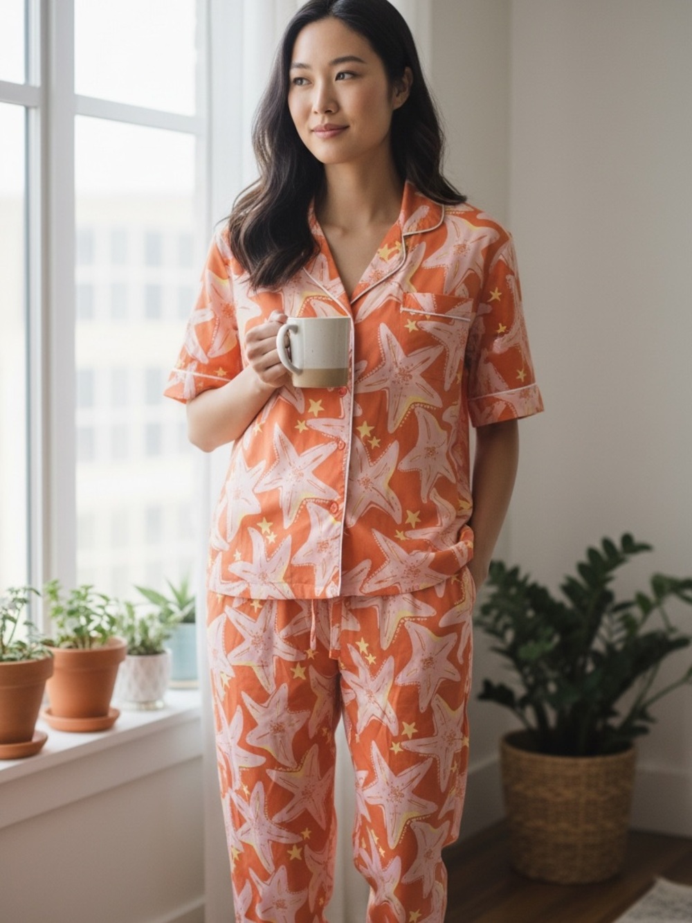 NWT Room Service Women's Orange Starfish Pajama Set - L
